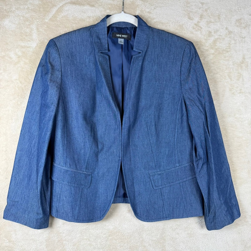 Nine West Blue Denim Like Blazer Jacket Collarless Open Front Size 6 Office Chic